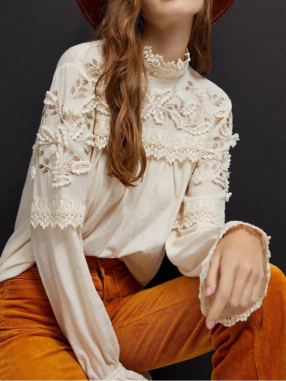 Anthropologie Jemma Cream Crochet Lace Romantic Blouse Size M Embellished Cotton